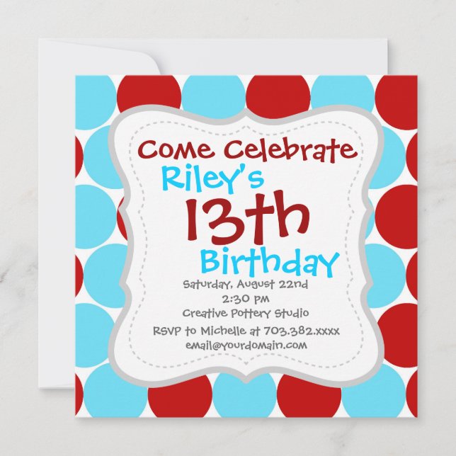 Invitation Turquoise Turquoise Red Big Pois Motifs (Devant)