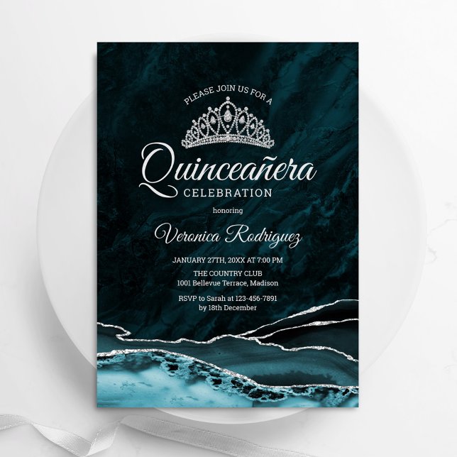 Invitation Turquoise Turquoise Silver Quinceanera Agate Marbr (Créateur téléchargé)