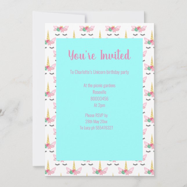 INVITATION TURQUOISE UNICORN (Devant)