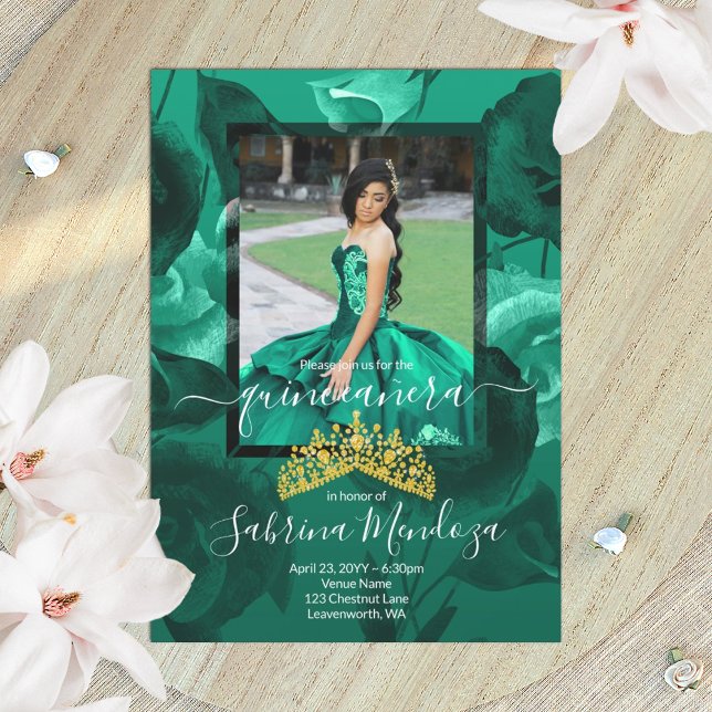 Invitation turquoise Verde Quinceanera Gold Tiara (teal green rose quinceanera invitation with gold tiara)