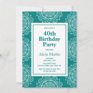 Invitation Turquoise vert & blanc Mandala Flower 40th Birthda