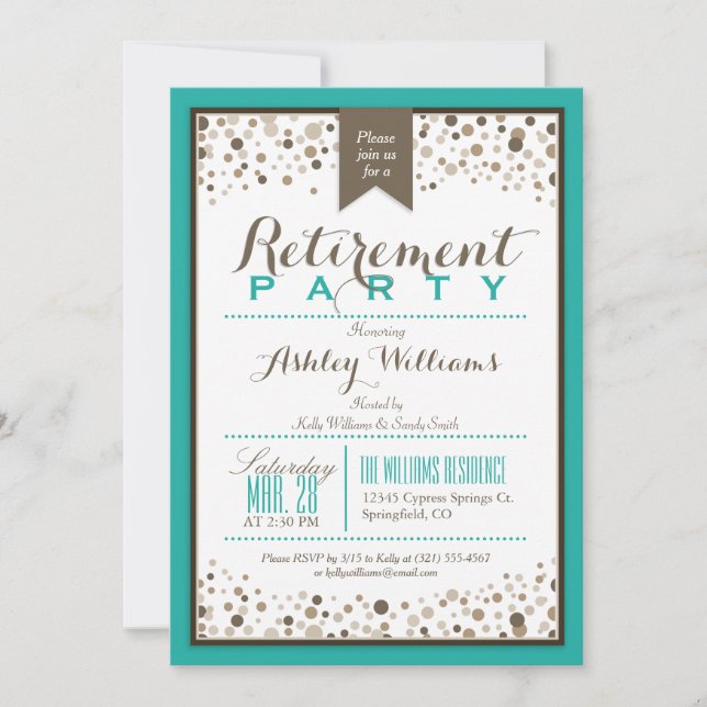 Invitation Turquoise Vert, Blanc, Taupe Parti de retraite mod (Devant)
