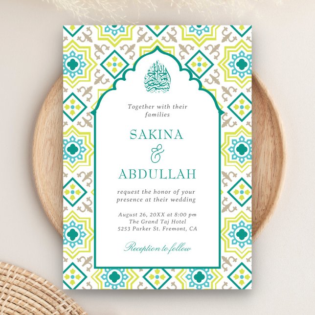 Invitation Turquoise vert en mosaïque persane QR Code Mariage (Créateur téléchargé)