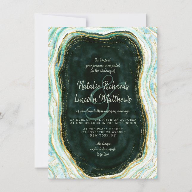 Invitation Turquoise vert et or Agate Marbre Mariage de la Gé (Devant)