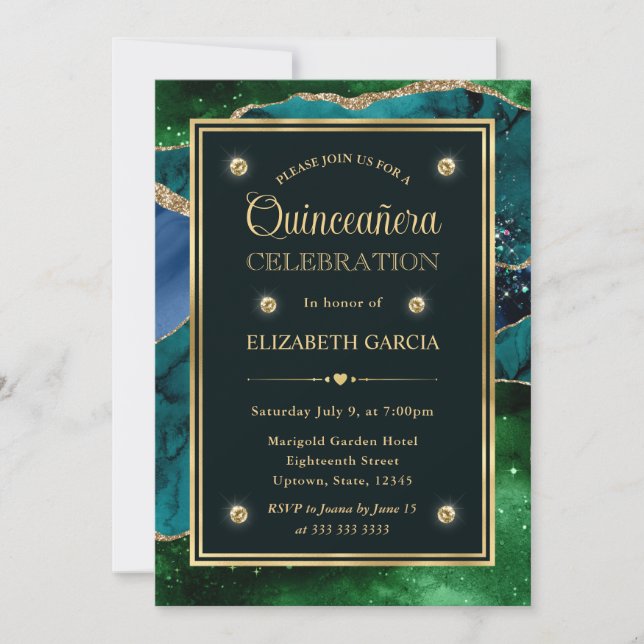 Invitation Turquoise, vert et or Parties scintillant Agate Qu (Devant)