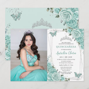 Invitation Turquoise Vert Floral Papillons Quinceanera 15 