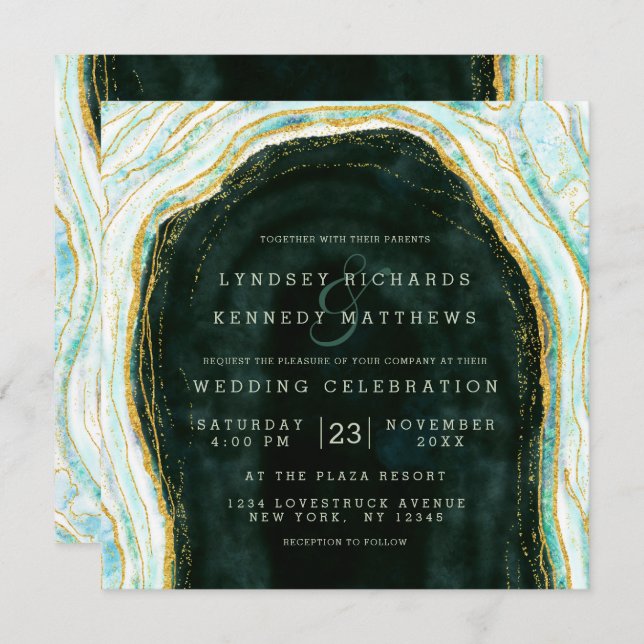 Invitation Turquoise Vert & Or Agate Marble Rock Mariage Carr (Devant / Derrière)