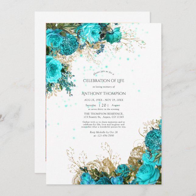 Invitation Turquoise vintage et Gold Célébration de vie (Devant / Derrière)