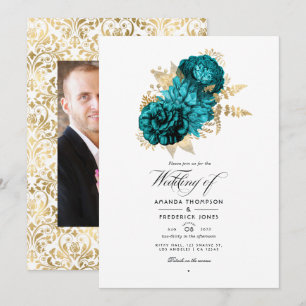 Invitation Turquoise Vintage - Mariage floral sarcelle et or