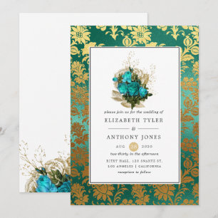 Invitation Turquoise vintage - Mariage Floral Turquoise et Or