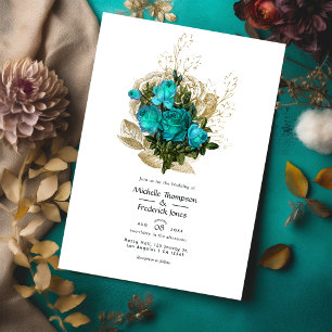 Invitation Turquoise vintage - Mariage Floral Turquoise et Or