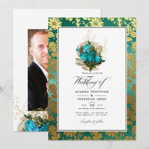 Invitation Turquoise vintage - Mariage Floral Turquoise et Or