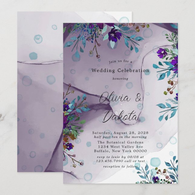 Invitation Turquoise violet Botanique Floral Mariage d'encre  (Devant / Derrière)