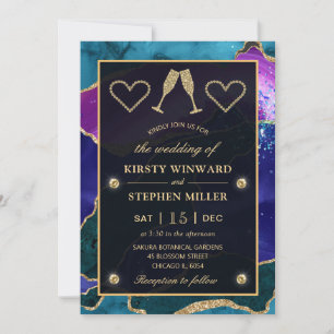 Invitation Turquoise, violet et Parties scintillant or Peacoc