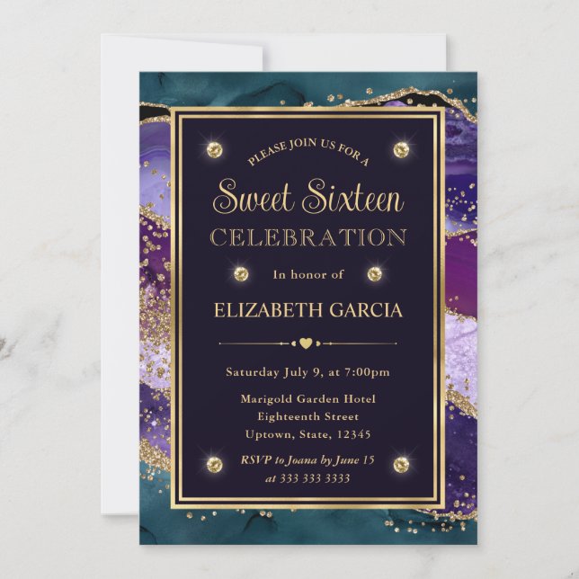 Invitation Turquoise, violet et Parties scintillant or Sweet  (Devant)