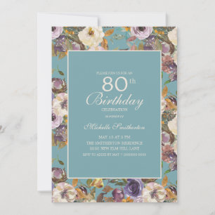 Invitation Turquoise Violet Moutarde Ivoire Floral 80e Annive
