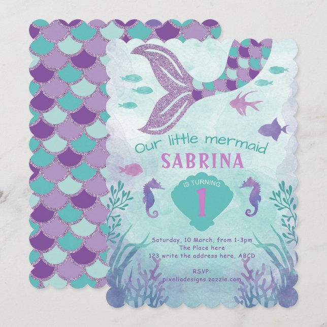 Invitation Turquoise, Violet, Parties scintillant, Sirène, Fi (Devant / Derrière)
