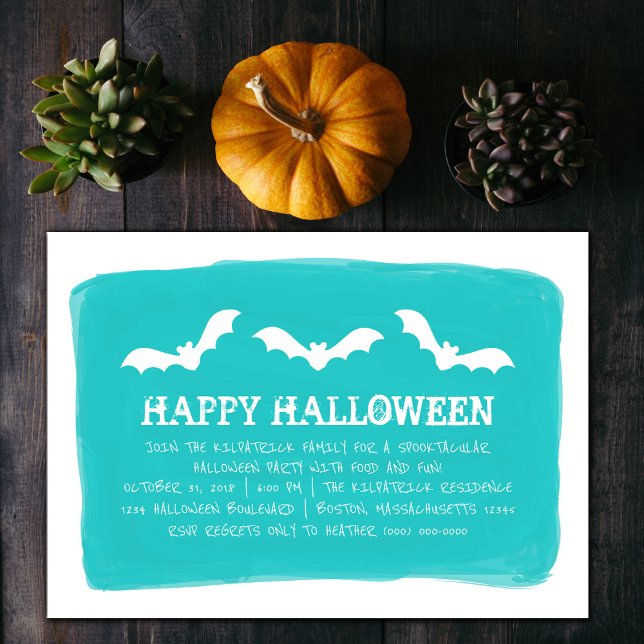 Invitation Turquoise White Watercolor chauves Halloween (Teal and White Watercolor Bats Halloween Party Invite)