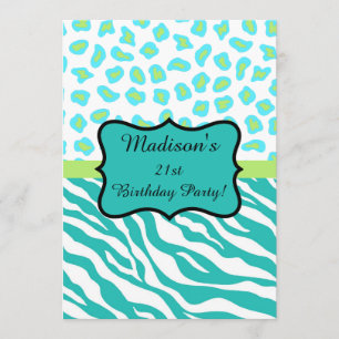 Invitation Turquoise White Zebra Leopard 21e fête d'anniversa