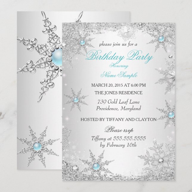 Invitation Turquoise Winter Wonderland fête d'anniversaire (Devant / Derrière)
