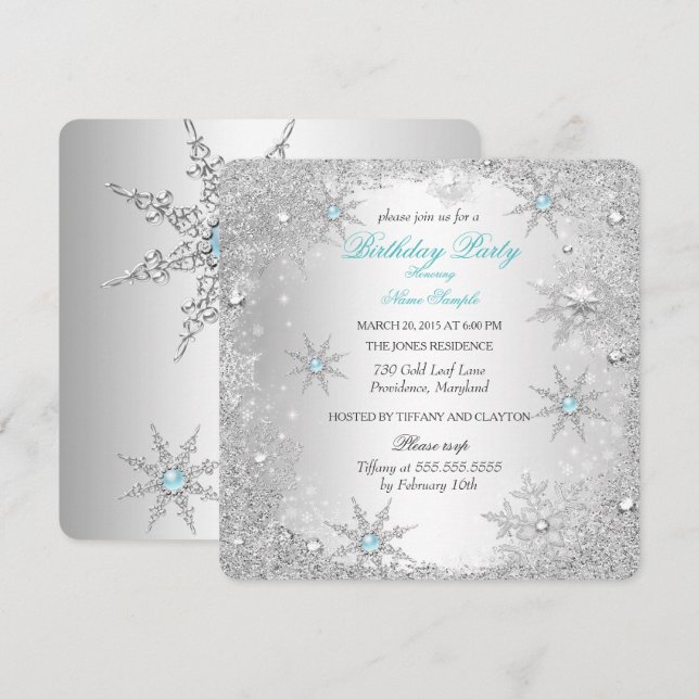 Invitation Turquoise Winter Wonderland fête d'anniversaire (Devant / Derrière)