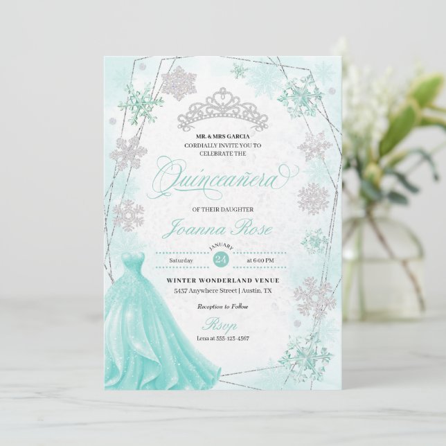 Invitation Turquoise Winter Wonderland Snowflake Quinceanera (Debout devant)