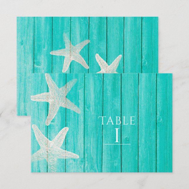 Invitation Turquoise Wood & Starfish Beach Élégant Numéro de  (Devant / Derrière)