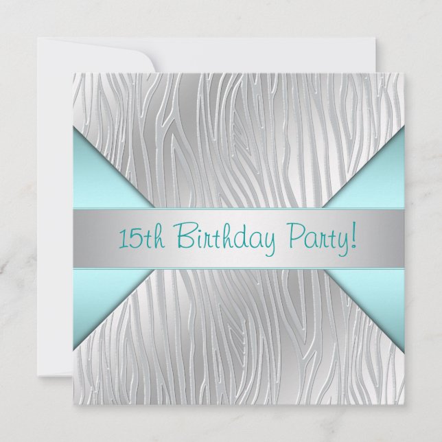 Invitation Turquoise Zebra Elégant 15ème anniversaire Invitat (Devant)