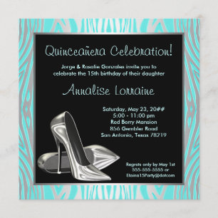 Invitation Turquoise Zebra High Heels Quinceanera 15ème parti