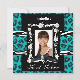 Invitation Turquoise Zebra Leopard Sweet sixteen 16 noir blan