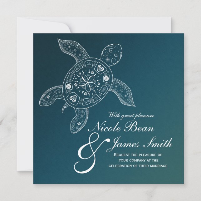 Invitation Turtle de la mer d'Hawaii blanc sur la plage Turqu (Devant)