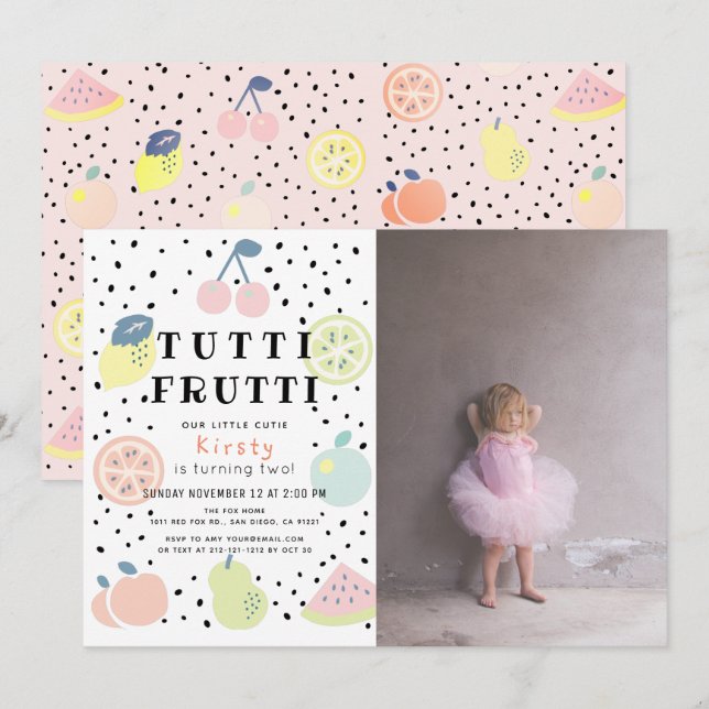 Invitation Tutti Frutti Pastel Fruit 2ème photo Anniversaire (Devant / Derrière)