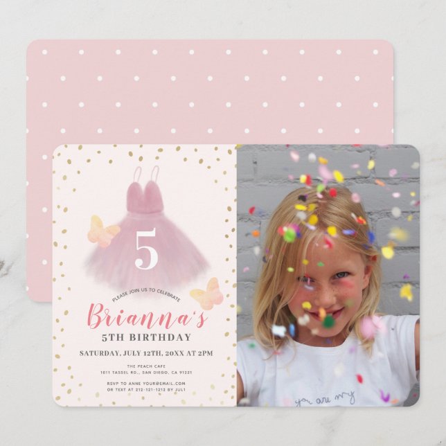 Invitation Tutu Ballerina Pink & Gold Girl Photo Anniversaire (Devant / Derrière)
