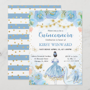 Invitation Tutu Bleu Cheveux Noirs Danseuse Quinceanera