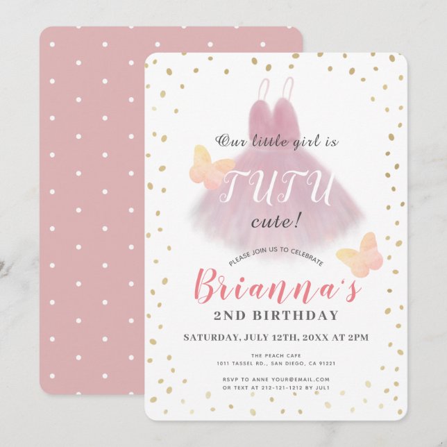 Invitation Tutu Cute Ballerina Rose & White Girl 2e anniversa (Devant / Derrière)