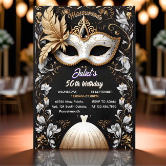 Invitation tutu noir or chic Masquerade 50e anniversaire