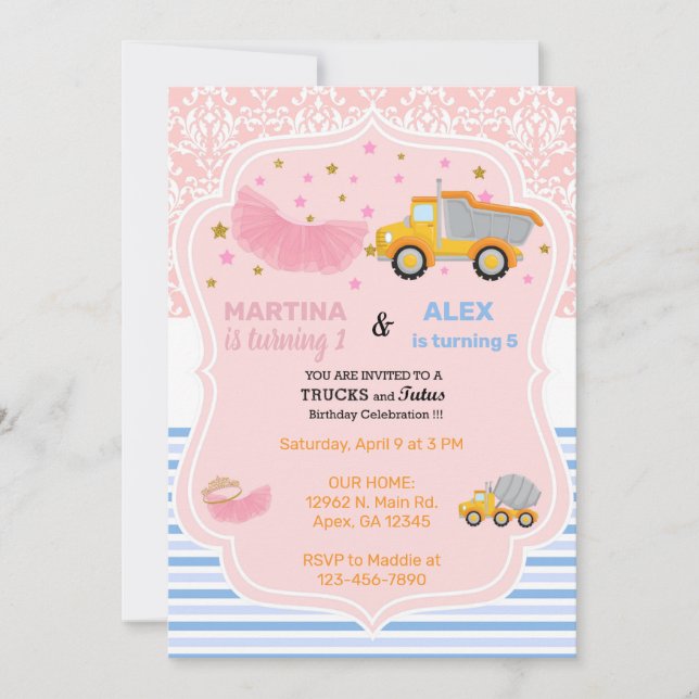 Invitation Tutus & camions de construction frères et soeurs a (Devant)