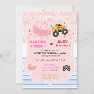 Invitation Tutus et monstre camions frères et soeurs invitati