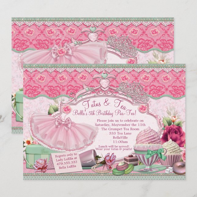 Invitation Tutus et Tea Party filles se dégustent (Devant / Derrière)