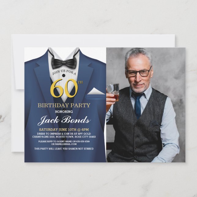 Invitation Tuxedo 60e anniversaire Photo costume Marine crava (Devant)