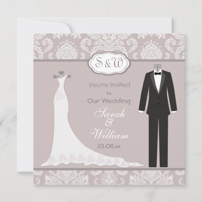 Invitation Tuxedo & Gown sur mariage damassé gris rose (Devant)