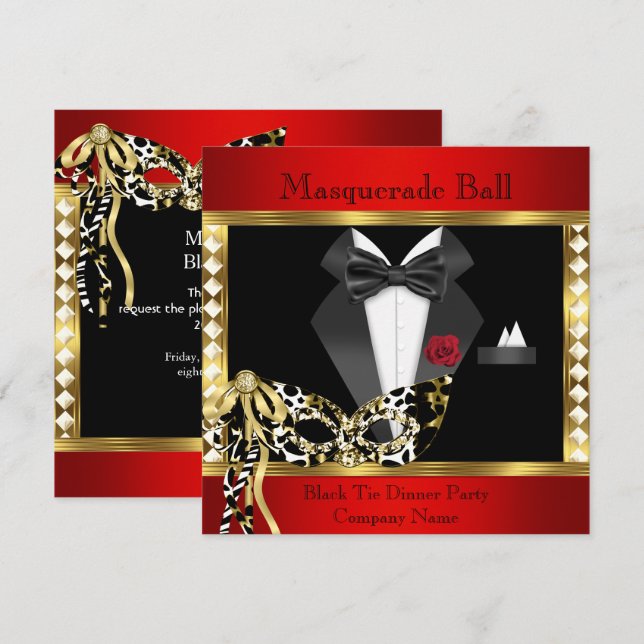 Invitation Tuxedo Red Gold Black Cravate Masquerade Ball (Devant / Derrière)