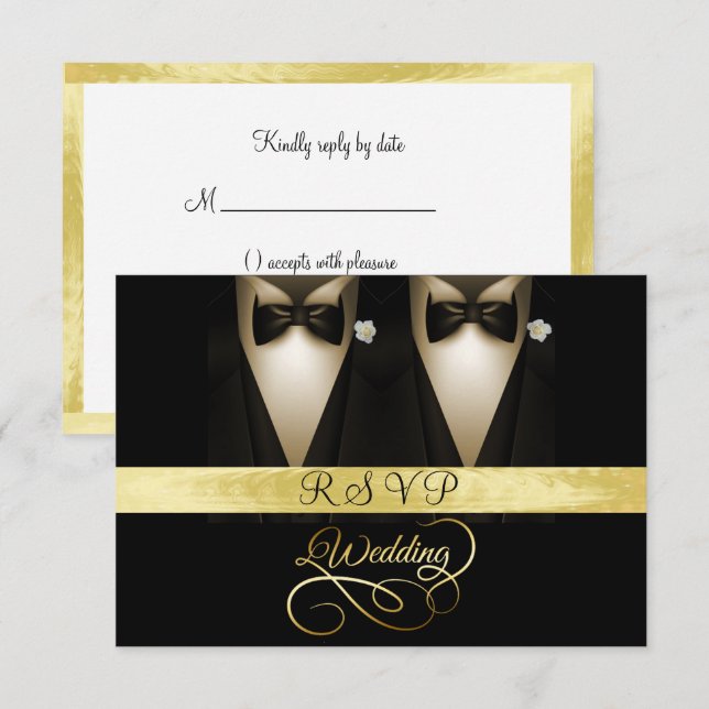 Invitation Tuxedo, Rose Blanche Or & Noir Mariage RSVP (Devant / Derrière)
