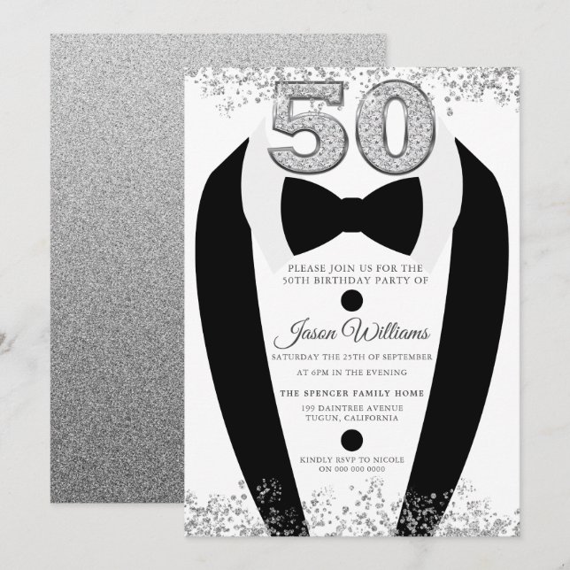 Invitation Tuxedo Suit Silver Mens 50e fête d'anniversaire (Devant / Derrière)