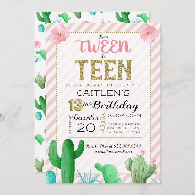 Invitation Tween À L'Ado Cactus Boho Anniversaire (Devant / Derrière)