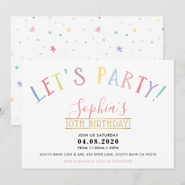 Invitation TWEEN ANNIVERSAIRE FÊTE couleurs pastel fêtons (Devant / Derrière)