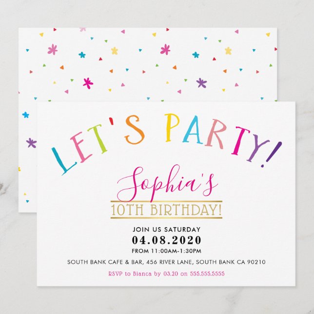 Invitation TWEEN ANNIVERSAIRE FÊTE couleurs vives fêtons-nous (Devant / Derrière)