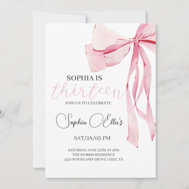 Invitation Tween Bow rose 13e anniversaire | Coquette 13e nai (Devant)