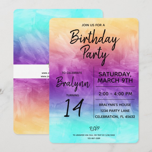 Invitation Tween Fille Anniversaire Fête Design aquarelle (Devant / Derrière)