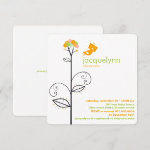 Invitation Tweeter Oiseau Orange Fleur Points Arbre Baby show